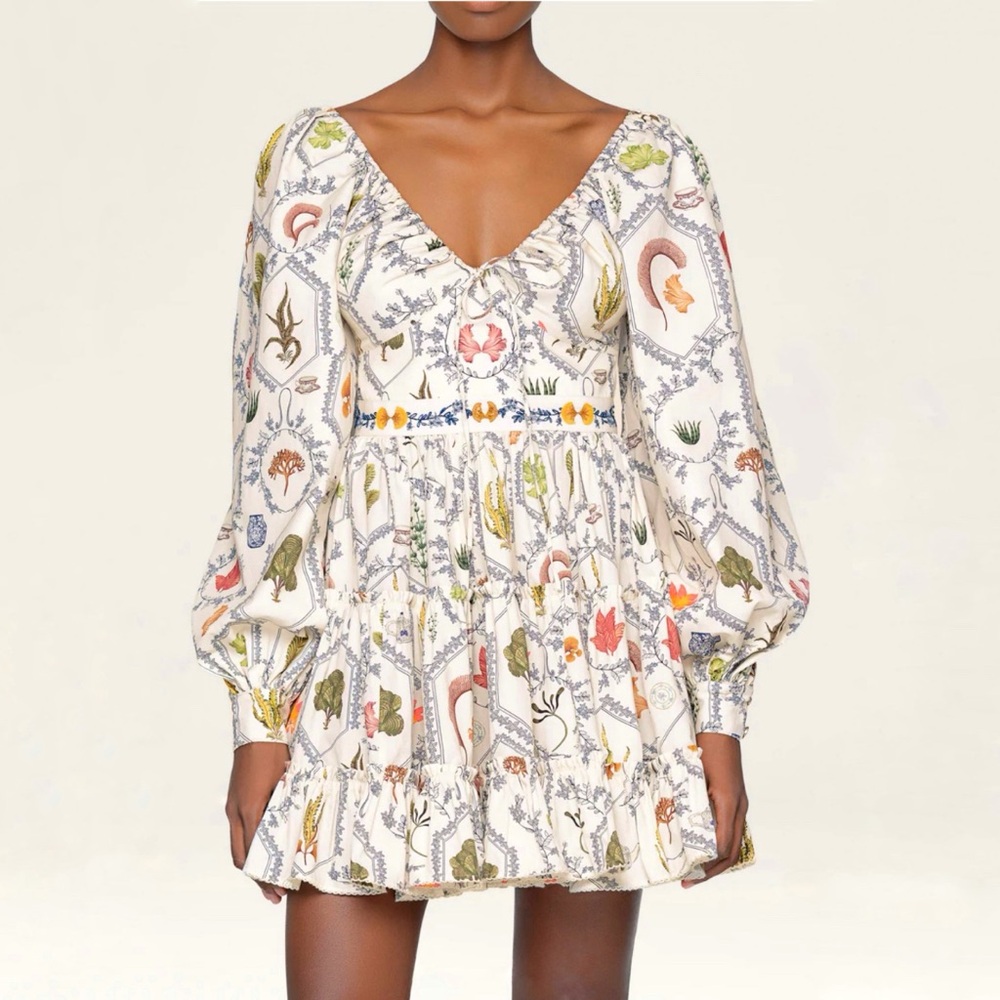 AGUA BY AGUA BENDITA HONOR ENCAJE WHITE LEAF PLANT PRINT LONG SLEEVE MINI DRESS - Picture 15 of 17